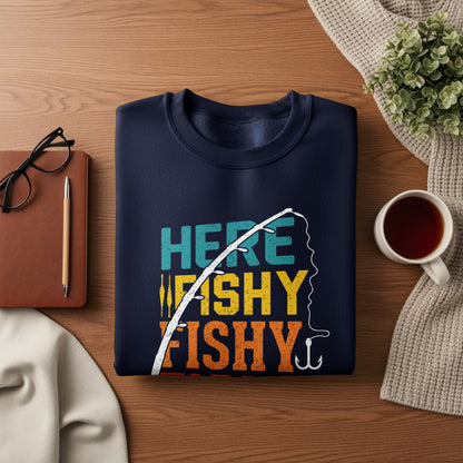 Navy sweatshirt with "Here Fishy Fishy" text and fishing hook graphic.