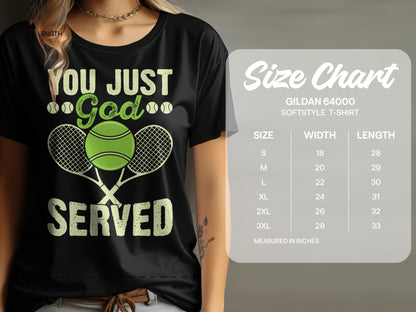 Black t-shirt with "YOU JUST God SERVED" text and tennis rackets.
