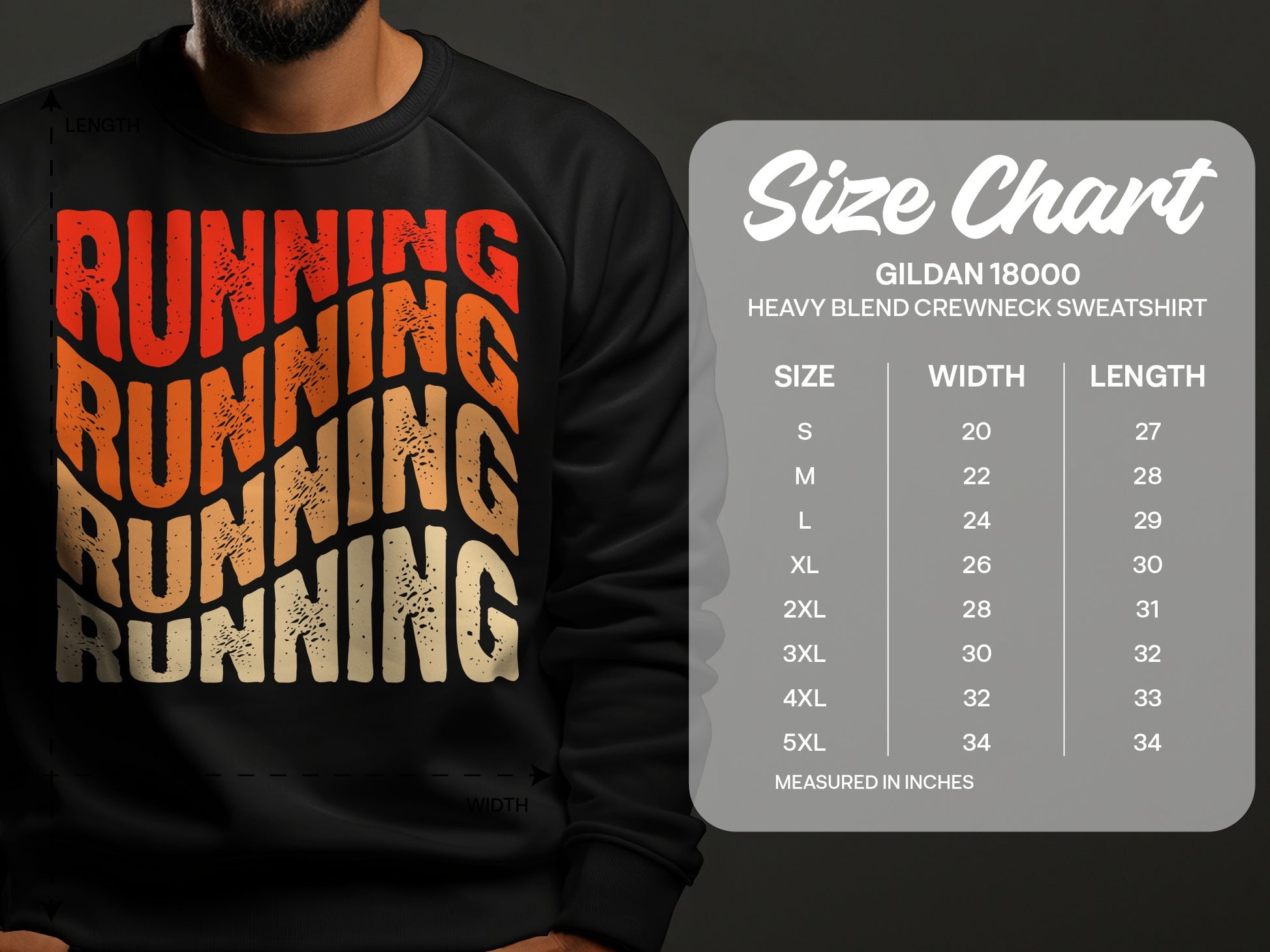 Gildan 18000 sweatshirt size chart with measurements in inches.