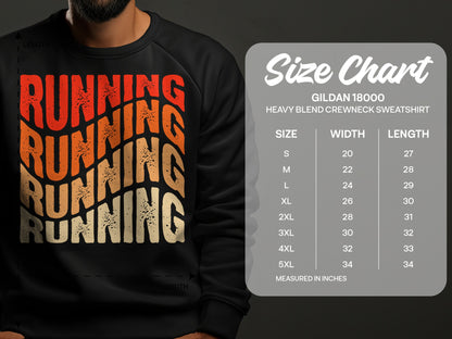 Gildan 18000 sweatshirt size chart with measurements in inches.