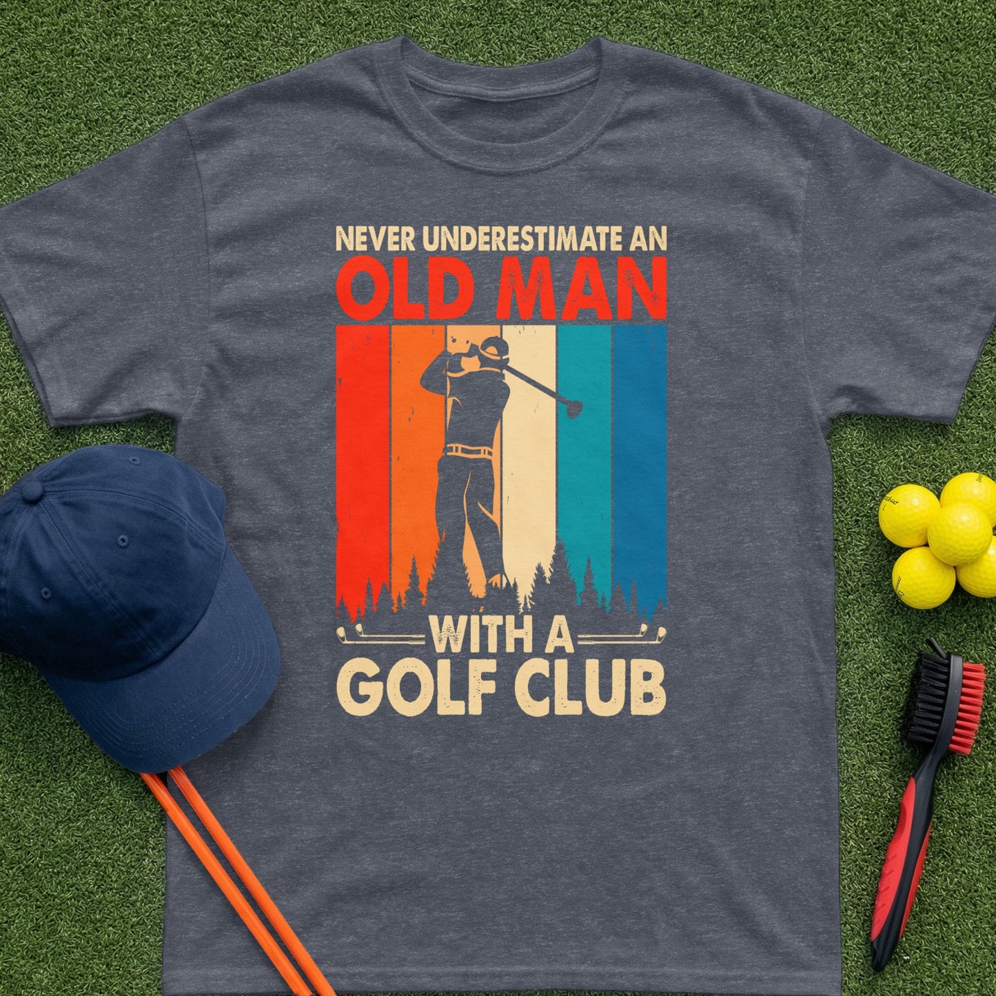 Dark t-shirt with "Old Man With a Golf Club" text and golfer graphic.