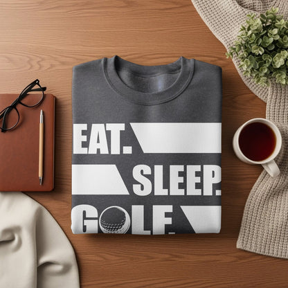 Dark gray sweatshirt with "EAT. SLEEP. GOLF." text and golf ball graphic.