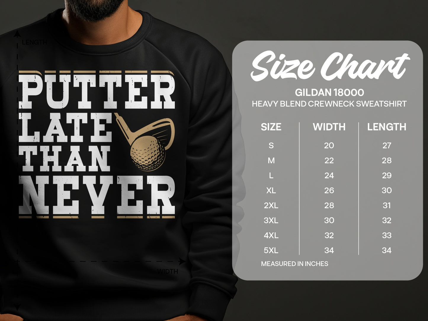 Black sweatshirt with "PUTTER LATE THAN NEVER" text and golf ball graphic.