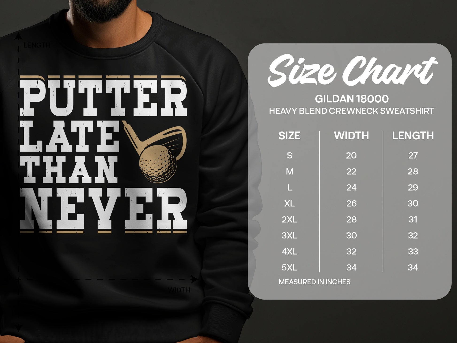 Black sweatshirt with "PUTTER LATE THAN NEVER" text and golf ball graphic.
