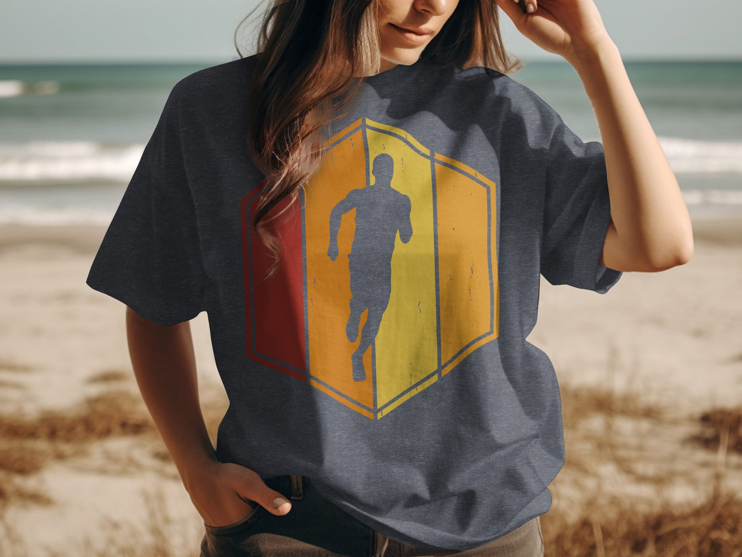Dark blue t-shirt with a hexagonal graphic of a runner in red, orange, and yellow.