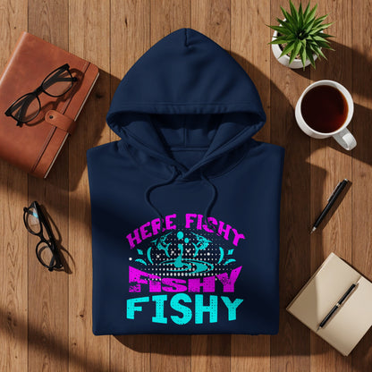 Navy hoodie with "HERE FISHY FISHY" text in neon pink and blue lettering.