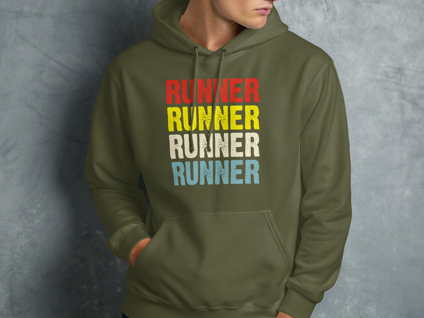 Olive green hoodie with "RUNNER" repeated in red, yellow, white, and blue text.