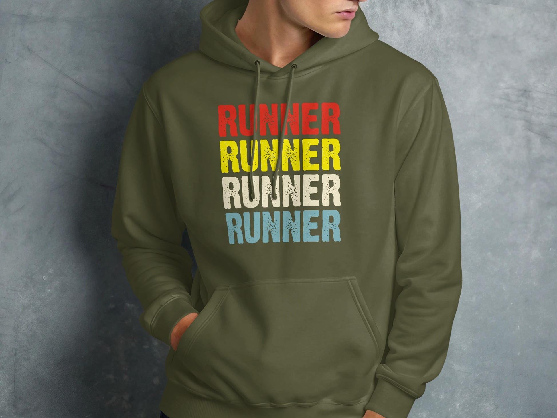 Olive green hoodie with "RUNNER" repeated in red, yellow, white, and blue text.