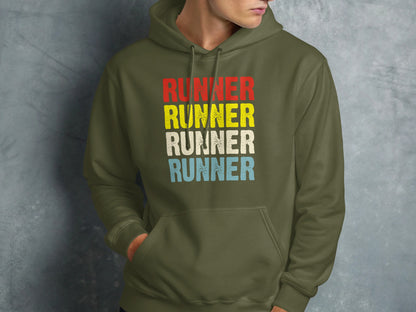 Olive green hoodie with "RUNNER" repeated in red, yellow, white, and blue text.