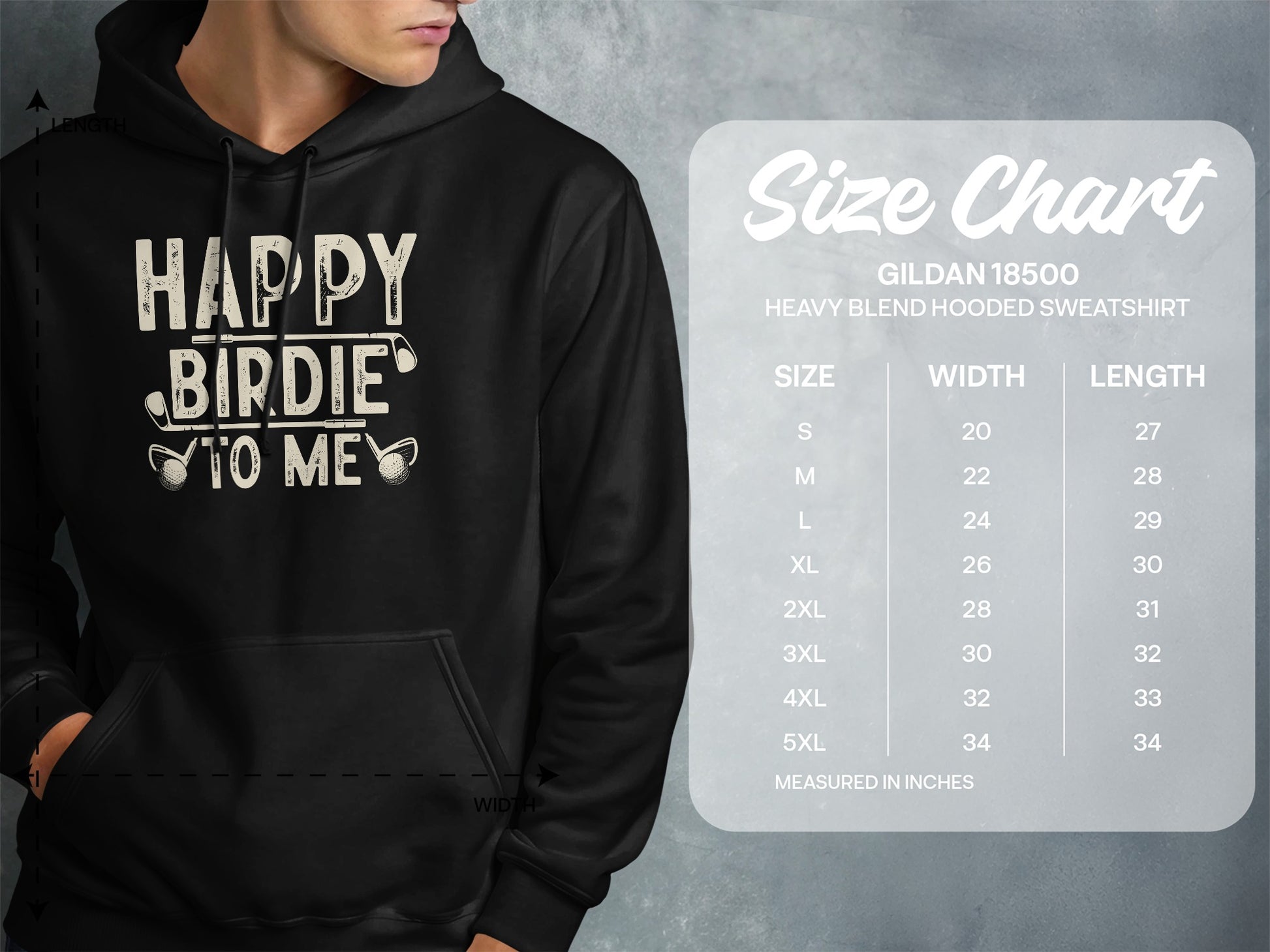 Hoodie with "Happy Birdie to Me" text and Gildan size chart.