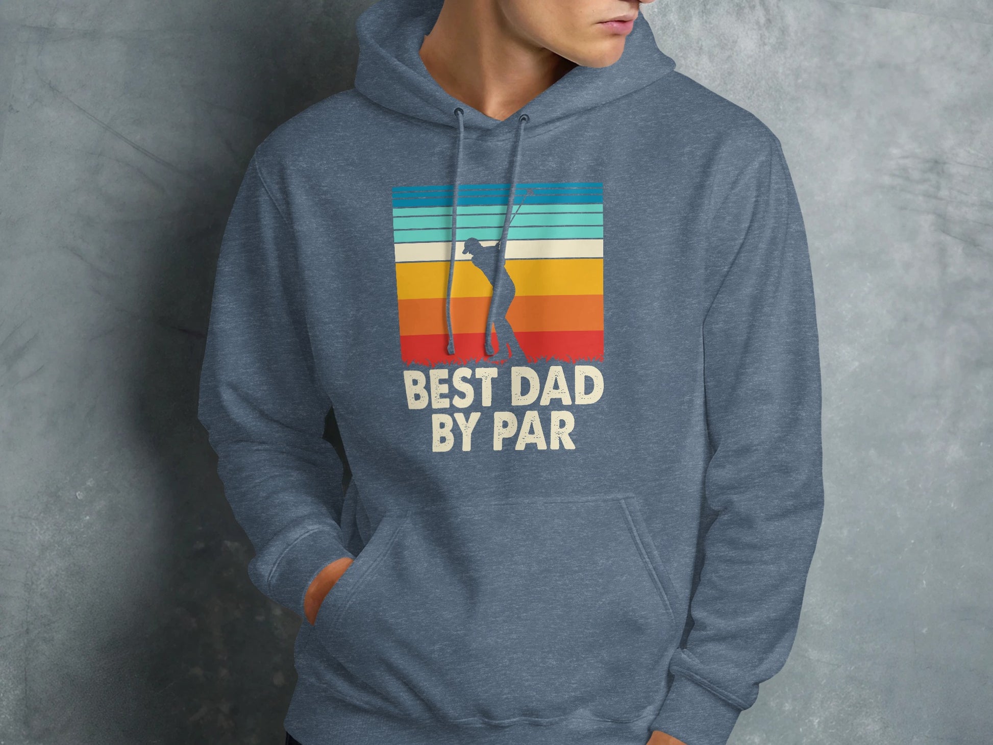 Blue hoodie with "BEST DAD BY PAR" text and a golfer graphic.