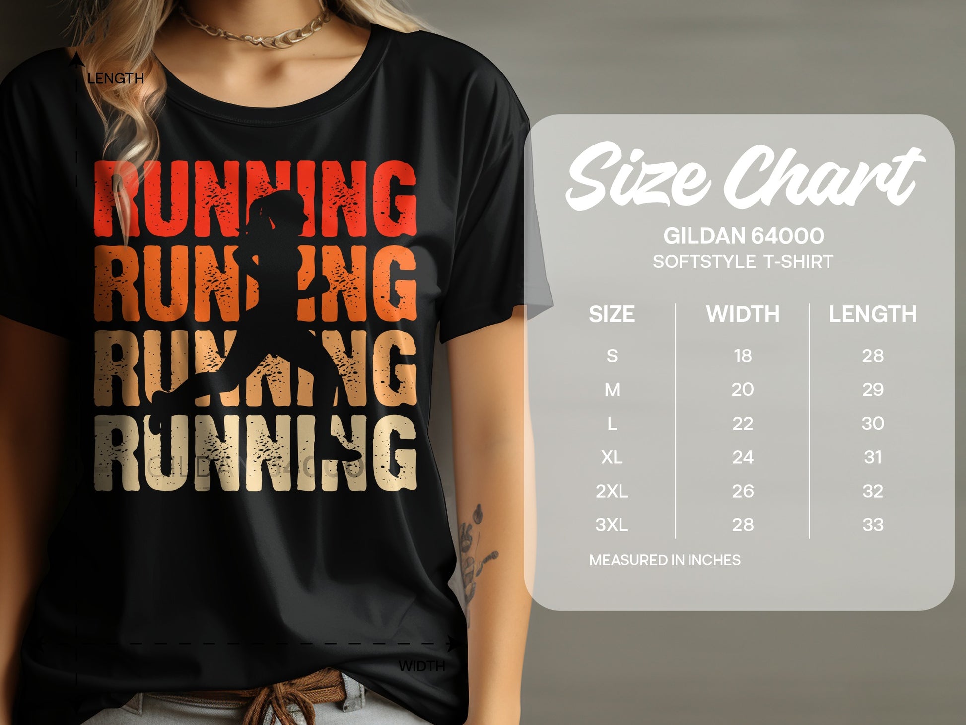 Black t-shirt with "RUNNING" text and runner silhouette, next to size chart.