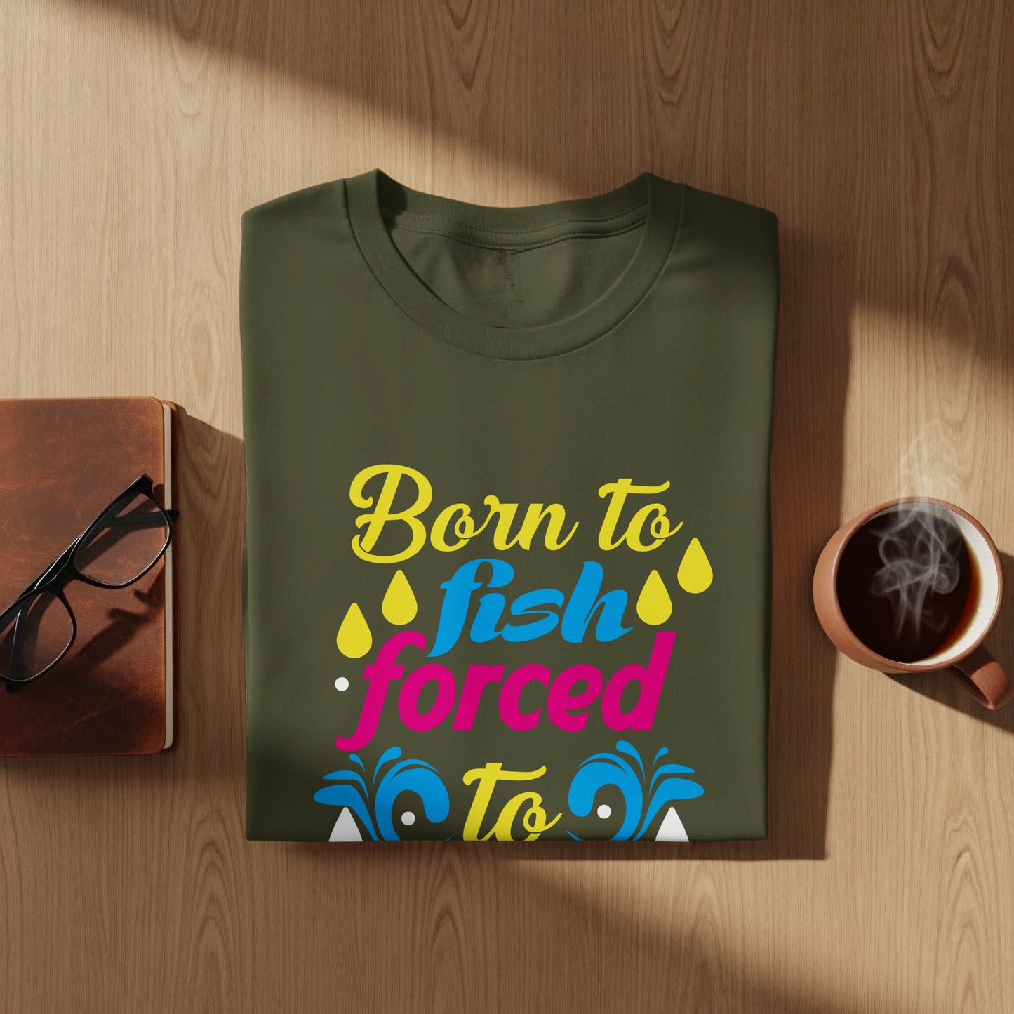 Olive green t-shirt with "Born to fish, forced to work" text and fish graphic.