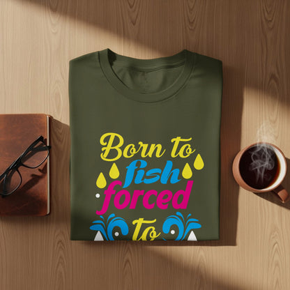 Olive green t-shirt with "Born to fish, forced to work" text and fish graphic.
