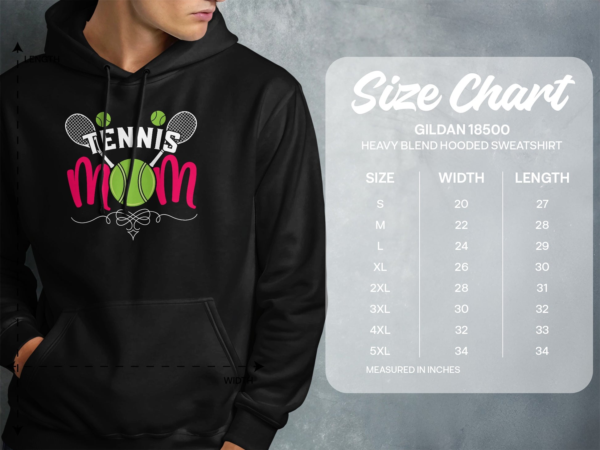Tennis Mom graphic on Gildan 18500 size chart hoodie.