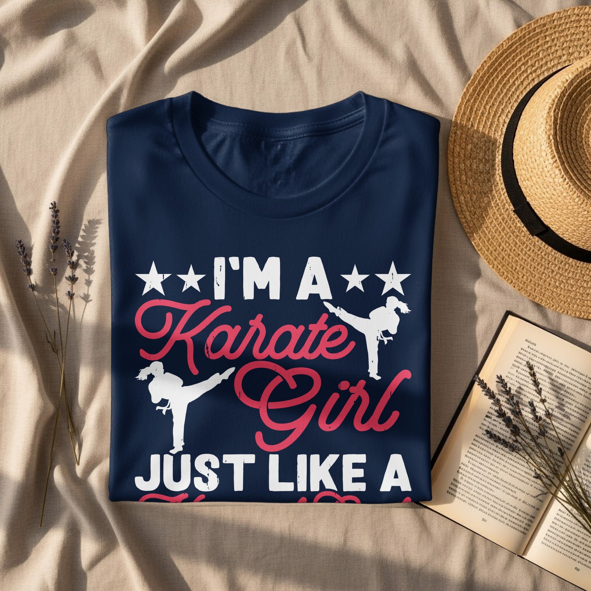 Navy t-shirt with "I'm a Karate Girl Just Like a" text and karate graphics.