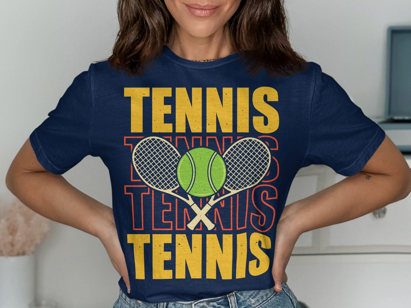 Navy t-shirt with "TENNIS" text and crossed tennis rackets.
