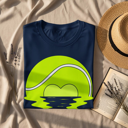 Navy t-shirt with a green tennis ball and sun graphic reflecting in water.