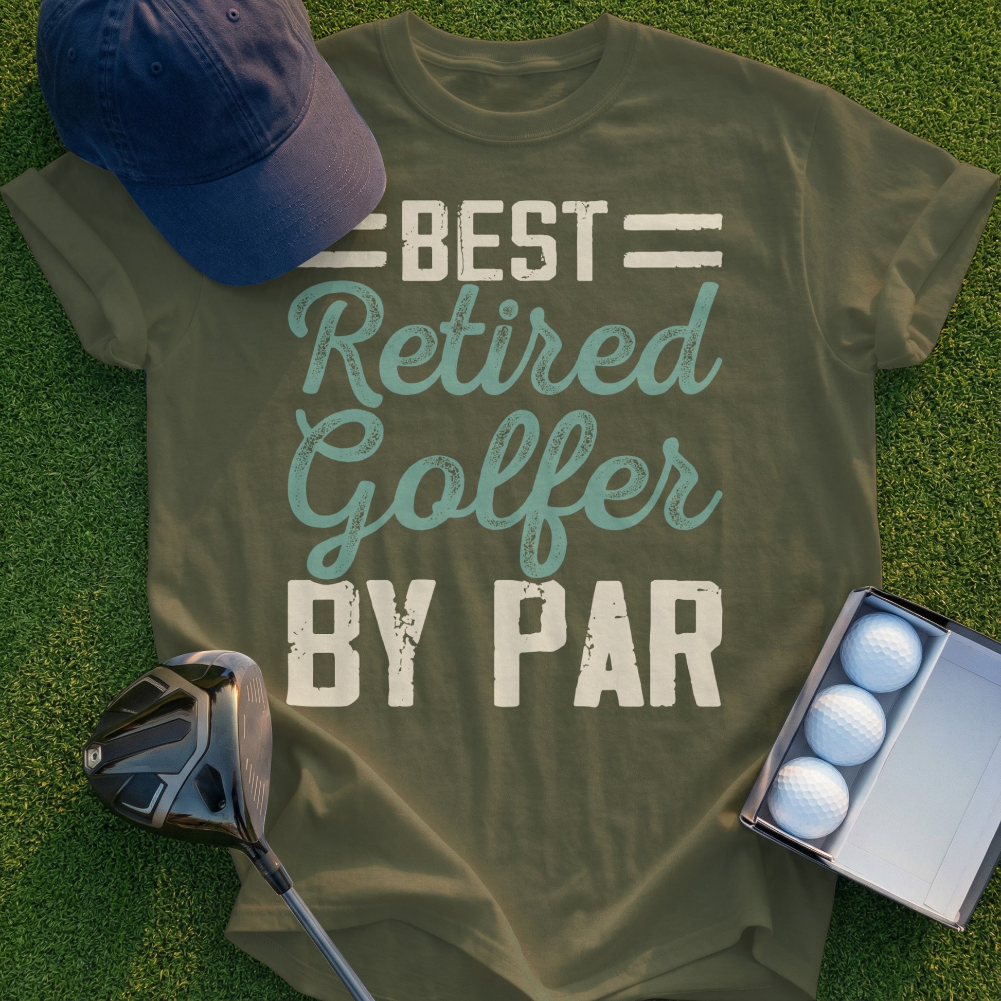 Green t-shirt with "BEST Retired Golfer BY PAR" text, golf club, and golf balls.
