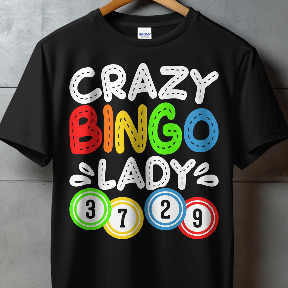 Black t-shirt with "Crazy Bingo Lady" and numbered bingo balls.