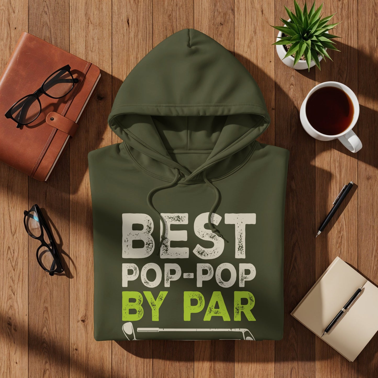 Green hoodie with "BEST POP-POP BY PAR" text and golf club graphic.