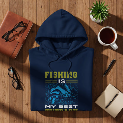 Navy blue hoodie with "Fishing is my best buddy" text and fish graphic.
