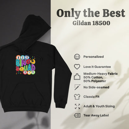 Black Gildan 18500 hoodie with "Bingo Squad" graphic and product features.