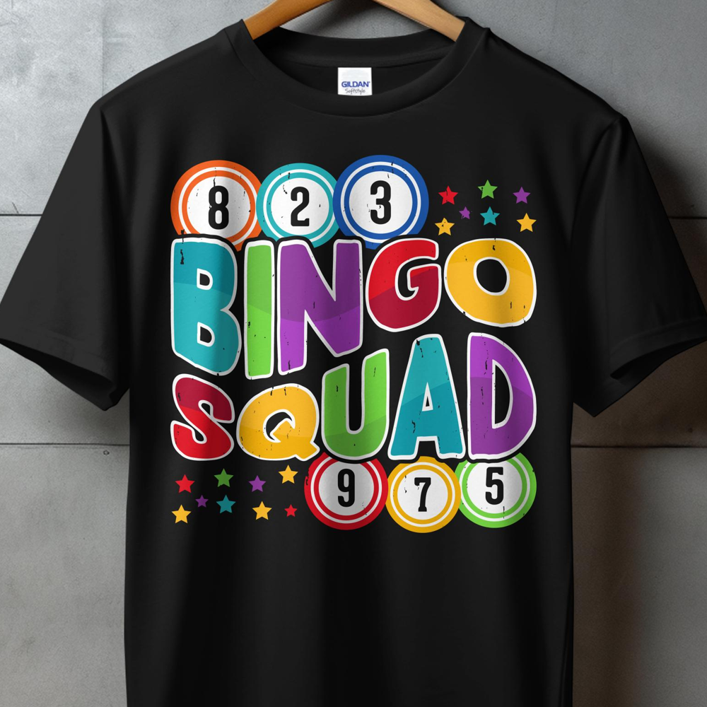 Black t-shirt with "BINGO SQUAD" in colorful letters and numbered bingo balls.