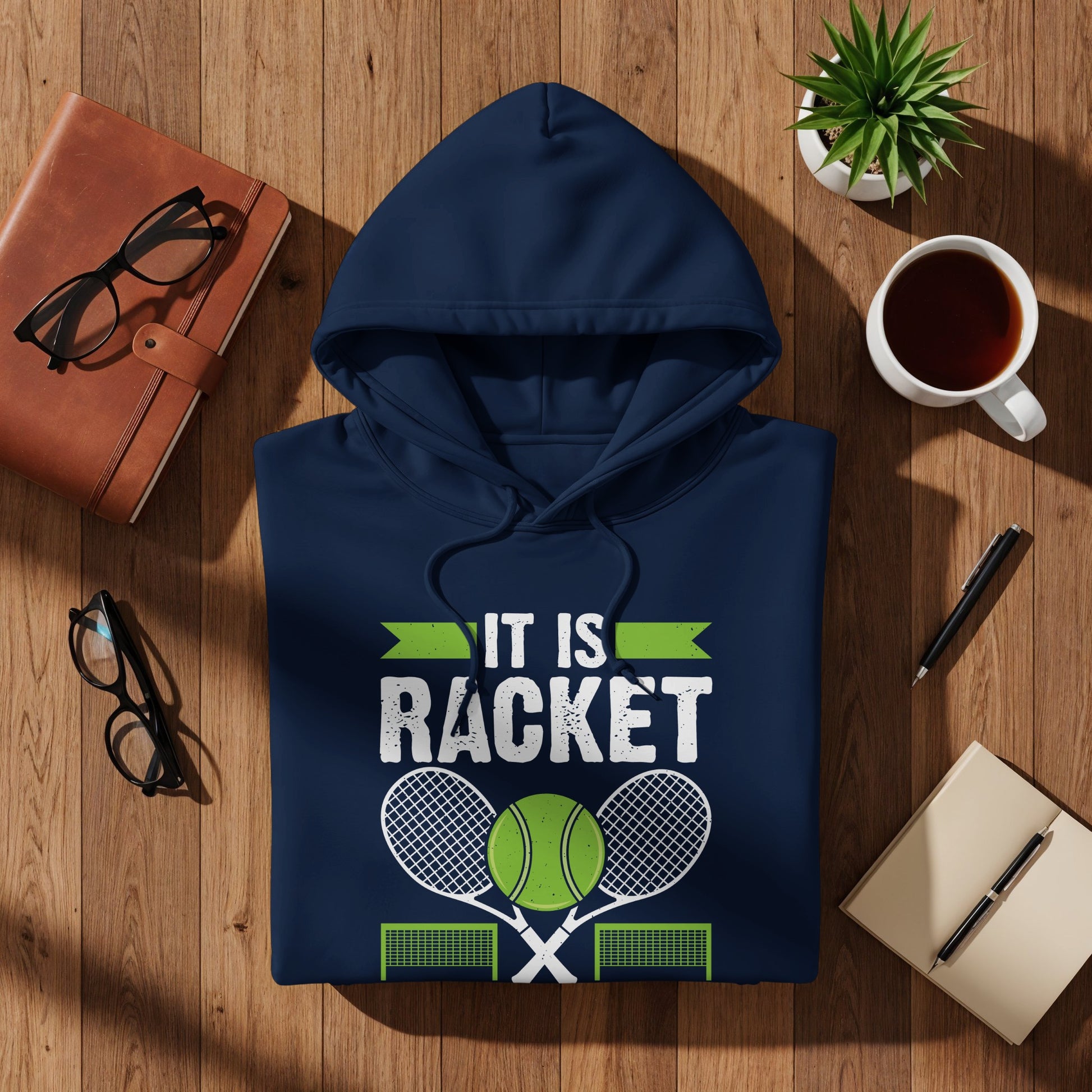 Navy hoodie with "IT IS RACKET" text and tennis rackets.