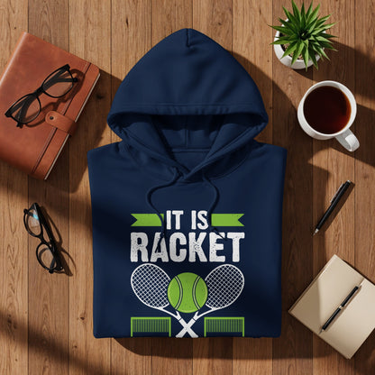 Navy hoodie with "IT IS RACKET" text and tennis rackets.