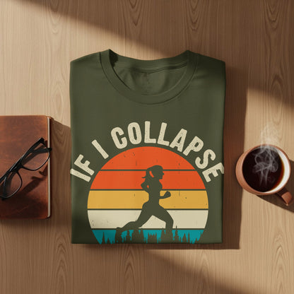 Olive green t-shirt with runner silhouette against colorful sunset graphic.