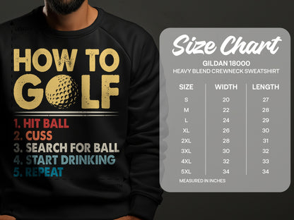 Sweatshirt with "How to Golf" instructions and size chart.