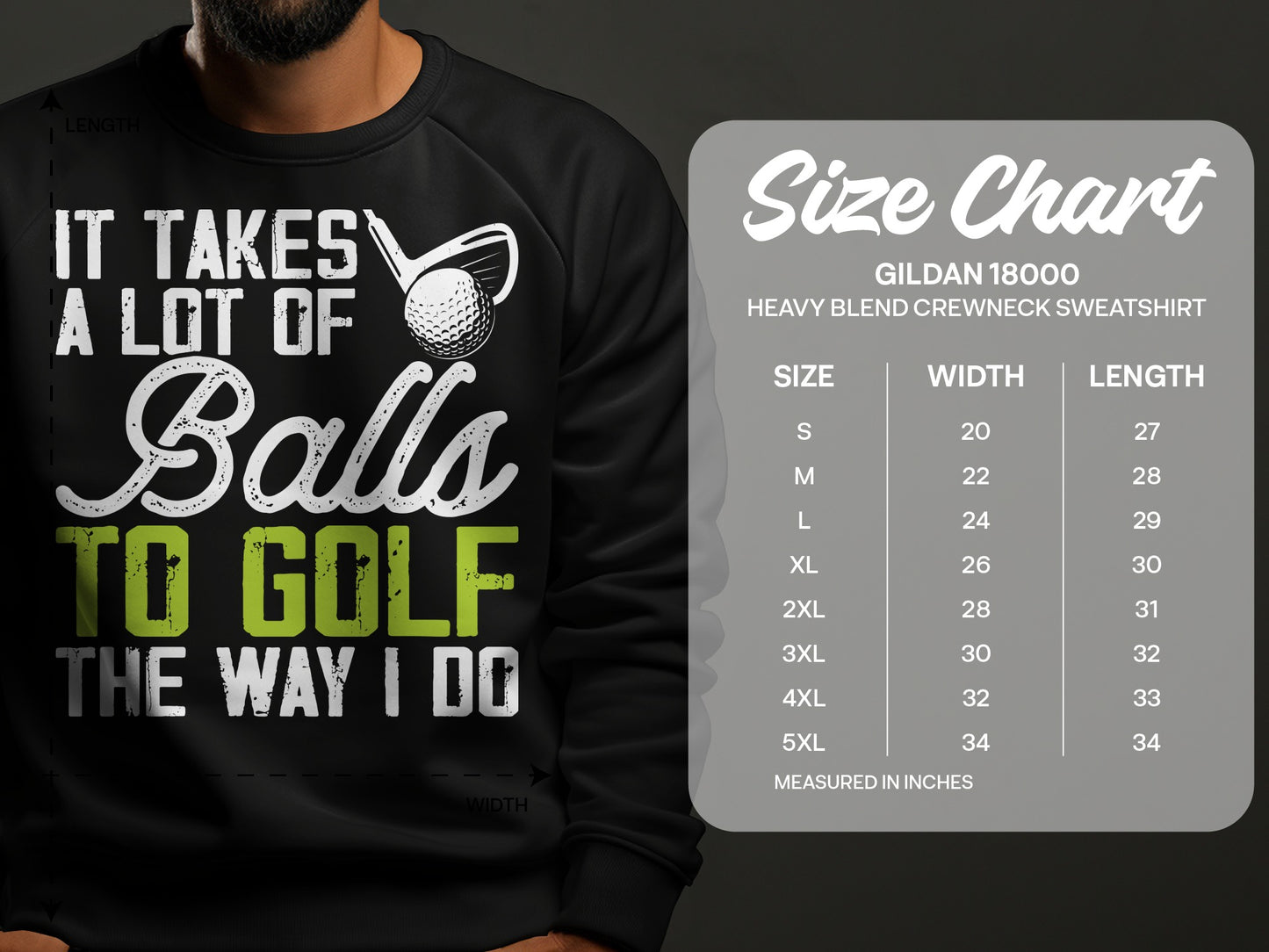 Gildan 18000 sweatshirt size chart with measurements in inches.