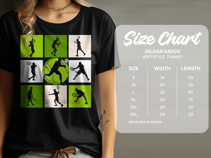 T-shirt with graphic of tennis players and size chart in inches.