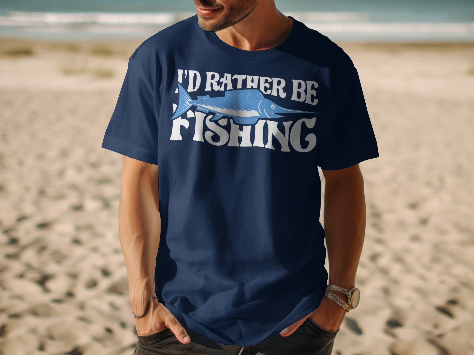 Navy t-shirt with "I'D RATHER BE FISHING" text and a fish graphic.