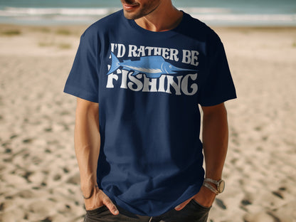 Navy t-shirt with "I'D RATHER BE FISHING" text and a fish graphic.