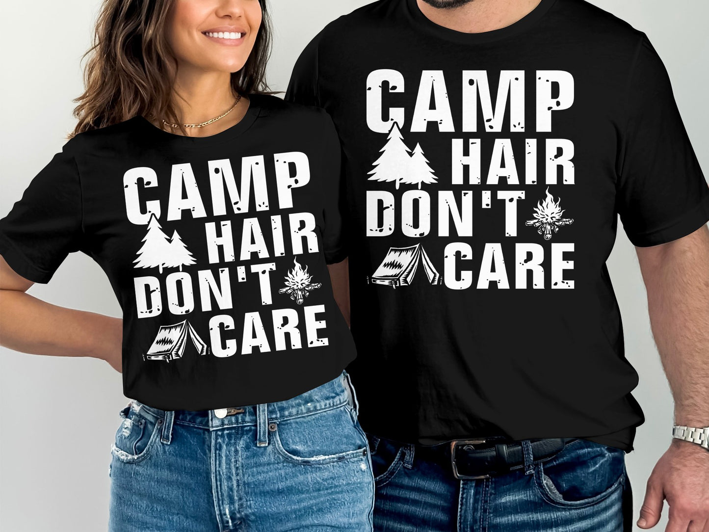 Camp hair don't care text on black t-shirts with camping graphic.
