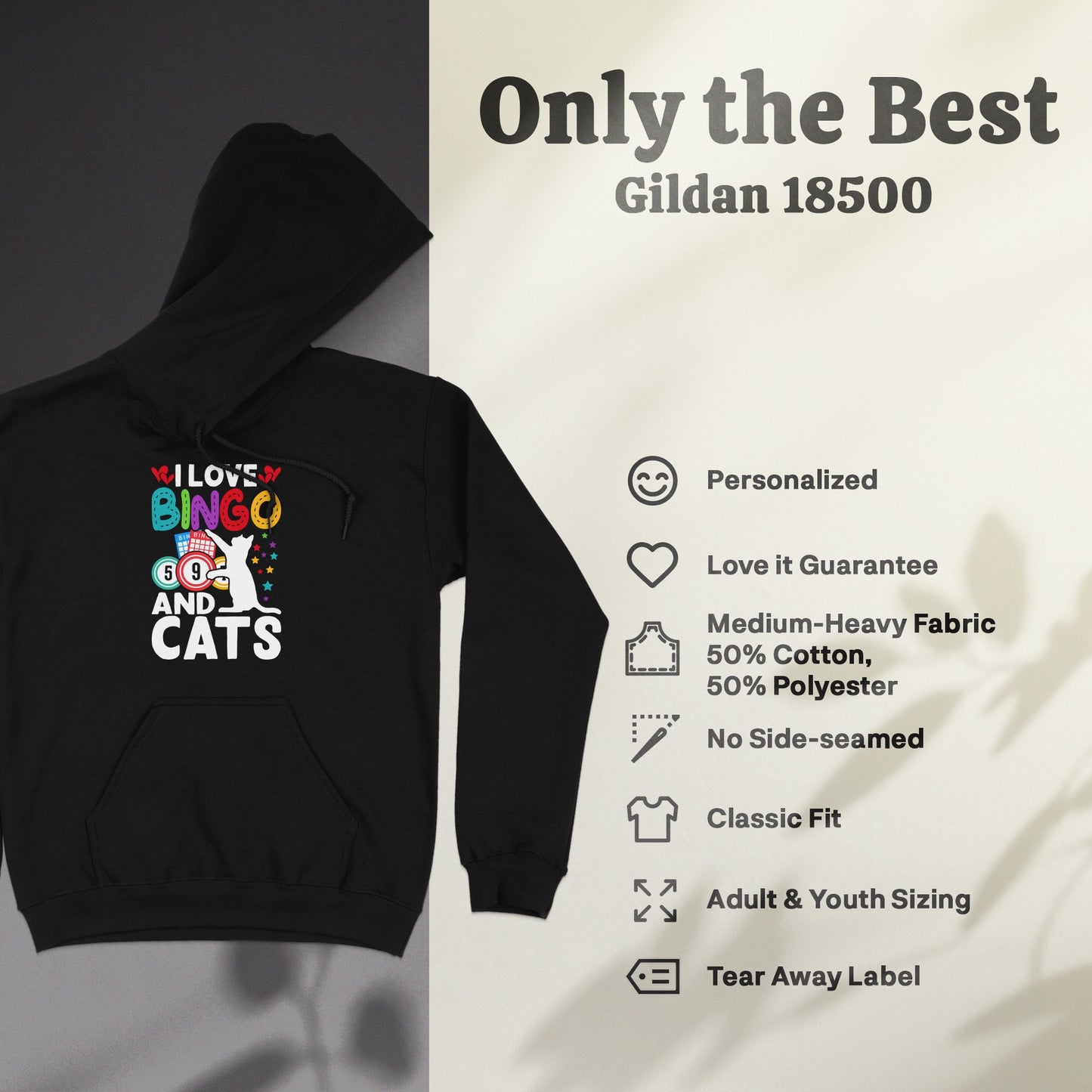 Black hoodie with "I Love Bingo and Cats" graphic, Gildan 18500 features.