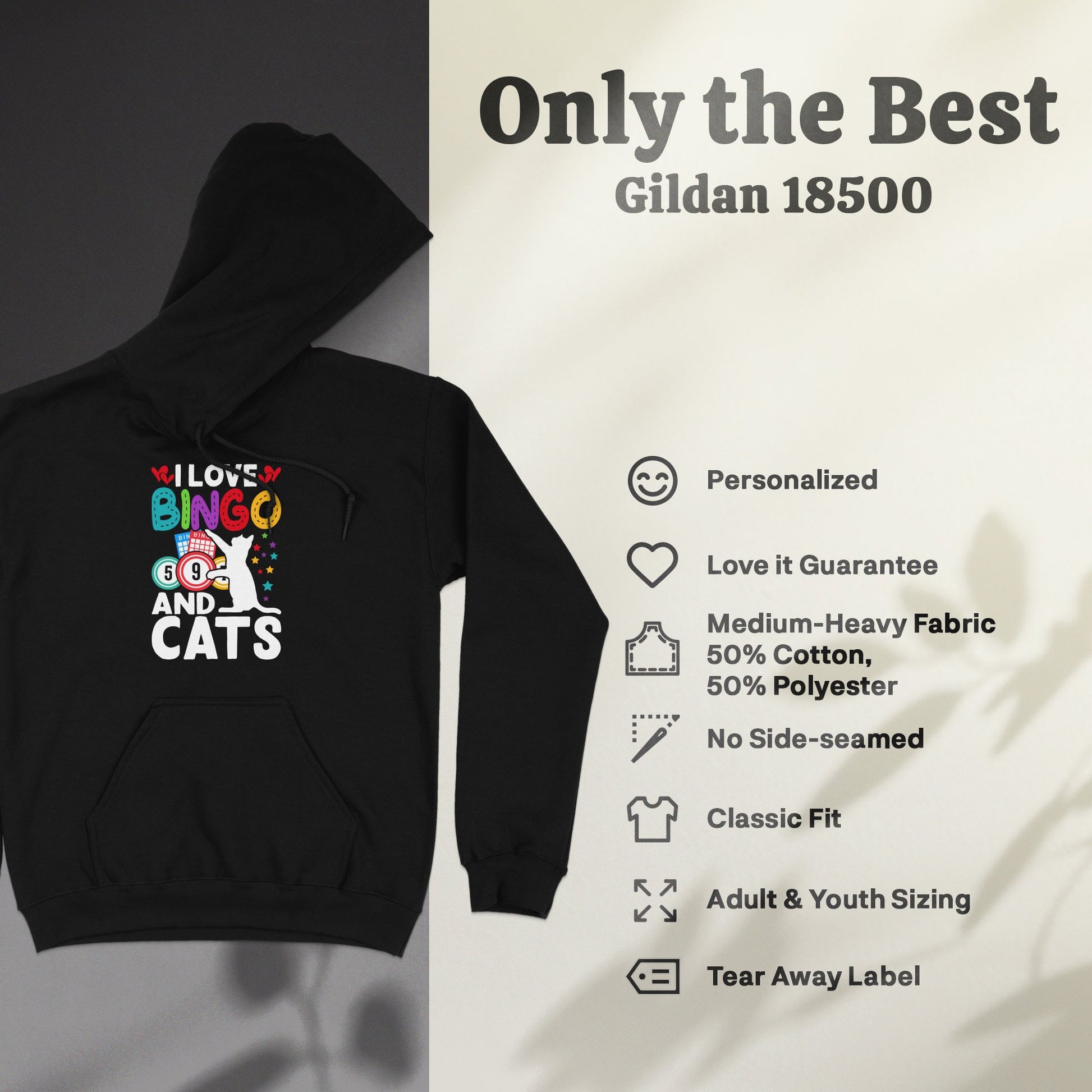 Black hoodie with "I Love Bingo and Cats" graphic, Gildan 18500 features.