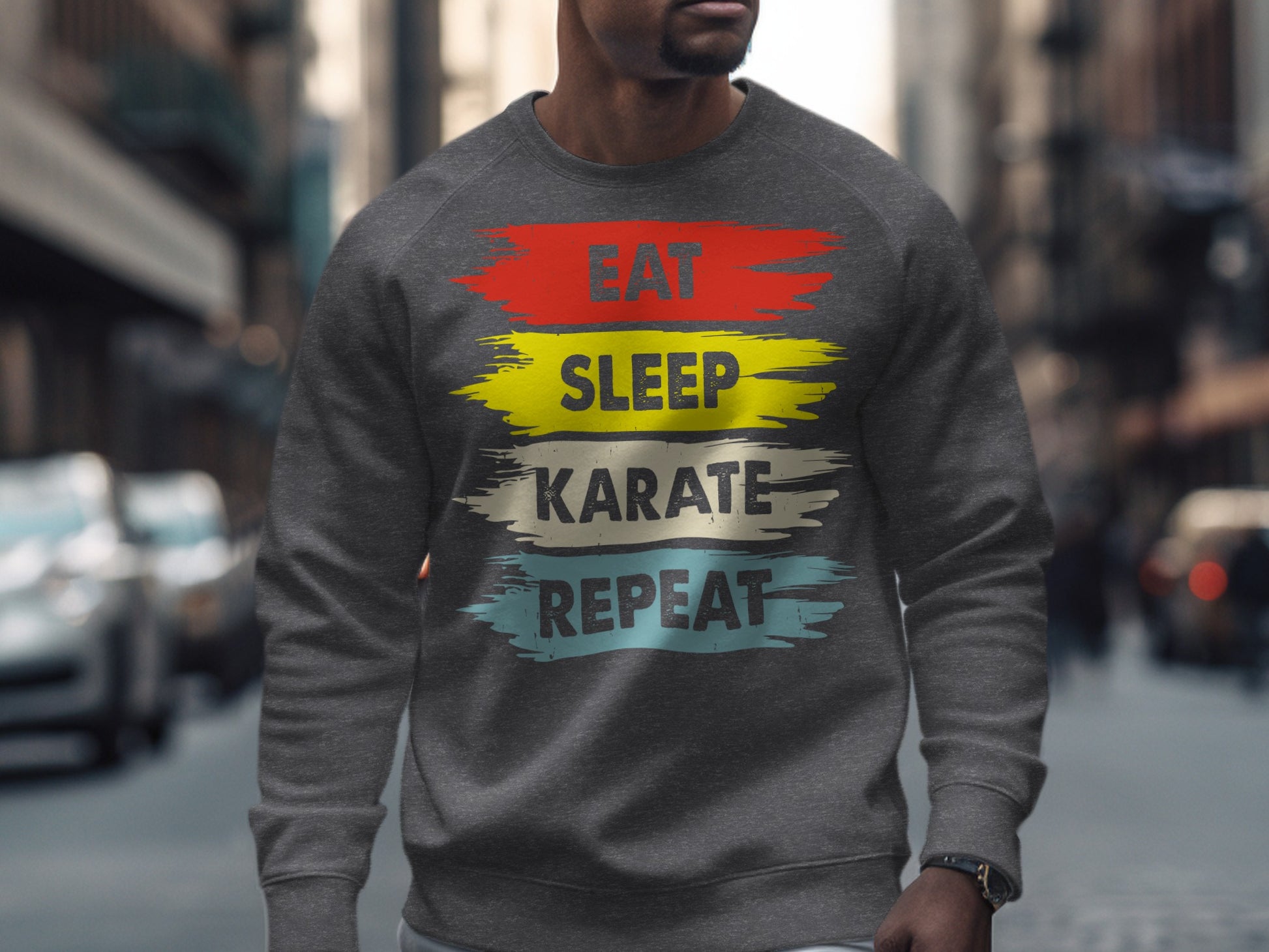 Gray sweatshirt with "Eat Sleep Karate Repeat" text in red, yellow, and teal.