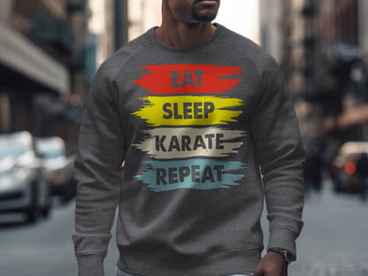 Gray sweatshirt with "Eat Sleep Karate Repeat" text in red, yellow, and teal.