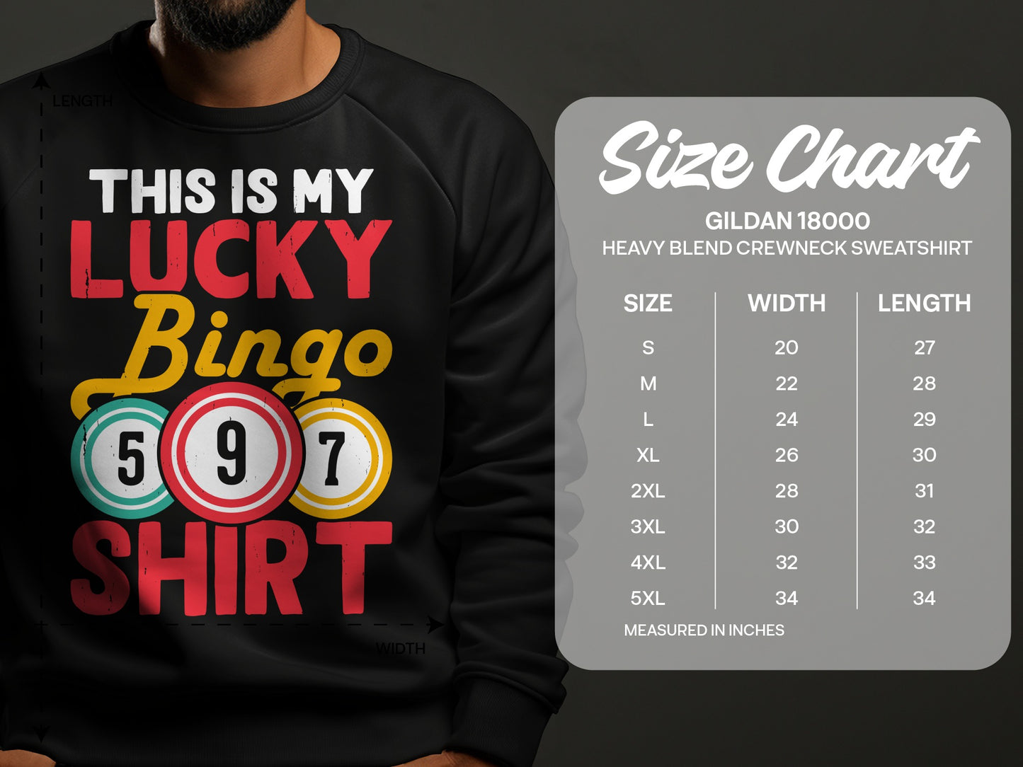 Black sweatshirt with "This is my Lucky Bingo Shirt" text and bingo balls.
