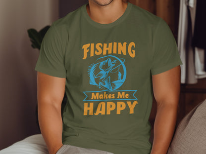 Green t-shirt with "FISHING MAKES ME HAPPY" and a fishing graphic.