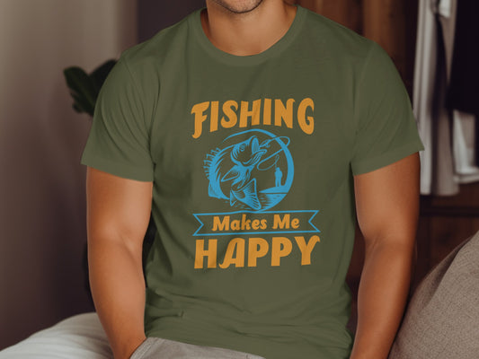 Green t-shirt with "FISHING MAKES ME HAPPY" and a fishing graphic.