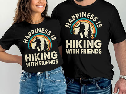 Black t-shirts with "Happiness is Hiking with Friends" and a rainbow mountain graphic.