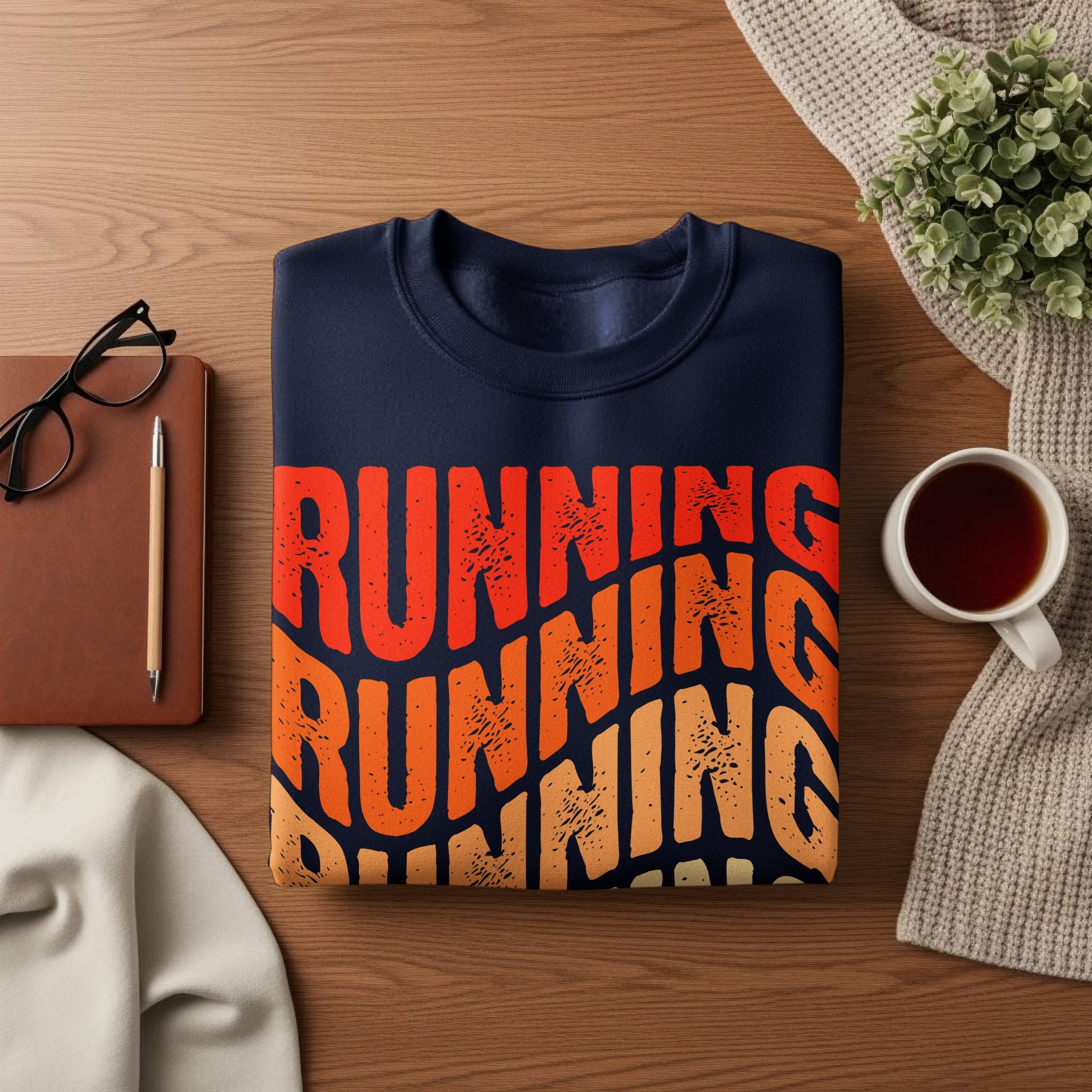 Navy sweatshirt with "RUNNING RUNNING RUNNING" in gradient orange and yellow text.