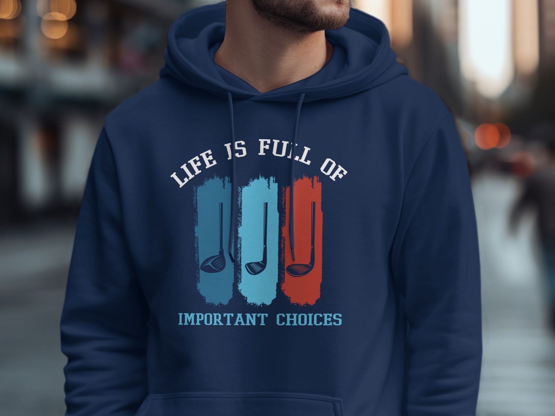 Navy hoodie with golf club graphic and text "LIFE IS FULL OF IMPORTANT CHOICES".