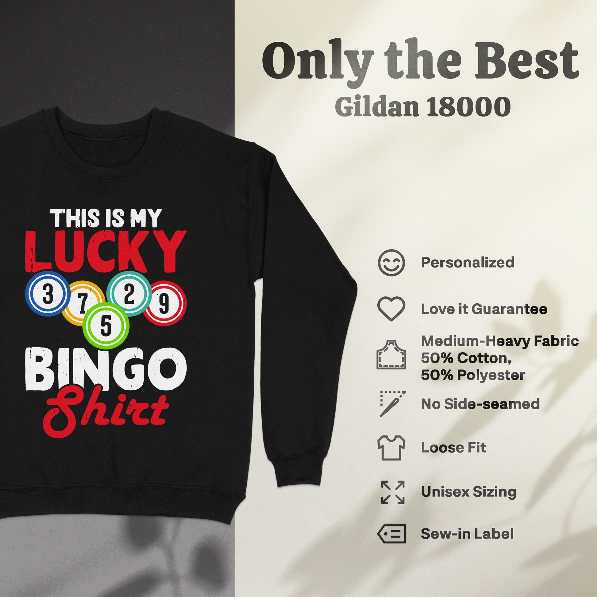 Black sweatshirt with "This Is My Lucky Bingo Shirt" text and bingo balls.