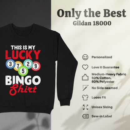 Black sweatshirt with "This Is My Lucky Bingo Shirt" text and bingo balls.