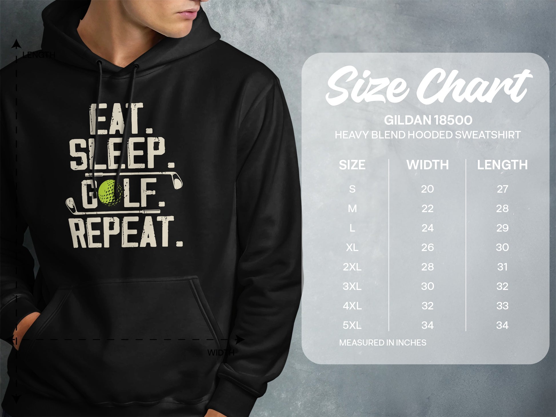 Hooded sweatshirt with "Eat. Sleep. Golf. Repeat." graphic and size chart.
